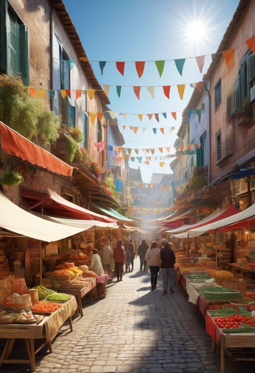 A vibrant marketplace scene bustling with activity, showcasing diverse regional bidders and lively interactions among community members. Include colorful banners symbolizing local heritage and products, while displaying various stalls with unique items. In the background, depict a subtle representation of a map highlighting different local regions. The atmosphere should convey collaboration and excitement. super-realistic. vibrant colors. 3D.