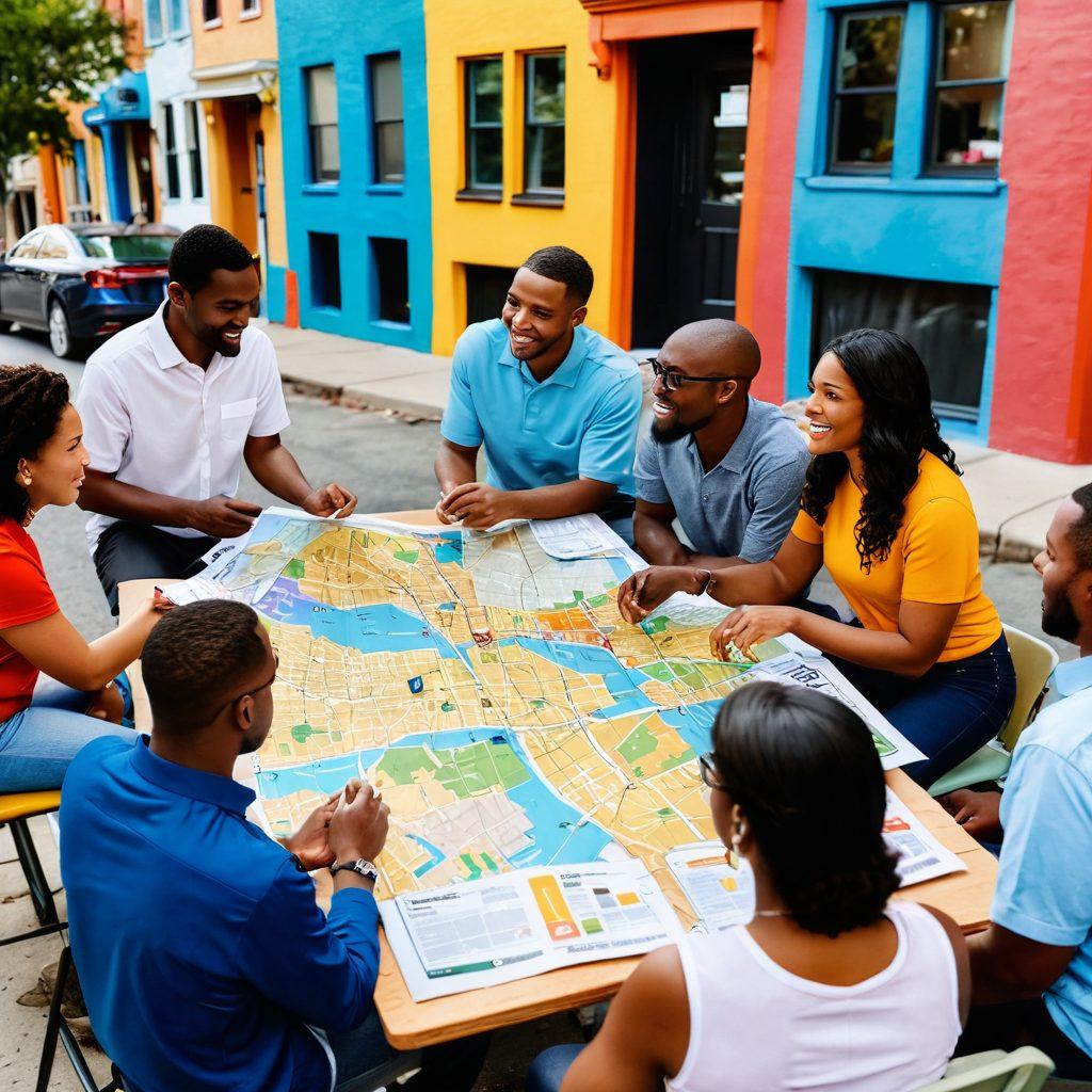 A diverse group of people engaged in a lively community meeting, discussing various neighborhood offers. Streets adorned with colorful flyers promoting local deals, neighborhood maps in the background, and a sense of collaboration. Emphasize warm colors and inclusive atmosphere. super-realistic. vibrant colors. 3D.